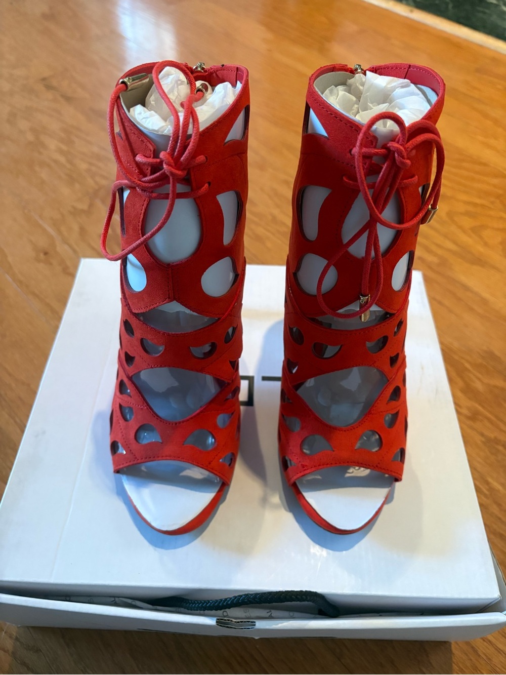 Aldo Red/Orange Cutout Lace-Up Peep-Toe Heels, New with box, Size 8